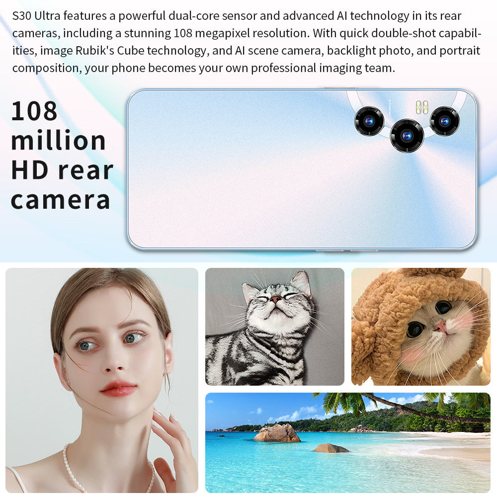 Brand New S30 Ultra Cellphones 5G Android Smartphone 8000mAh 16+1TB 7.3 Inch Face Unlock Cell Phone 50MP+108MP 4G Mobile Phones