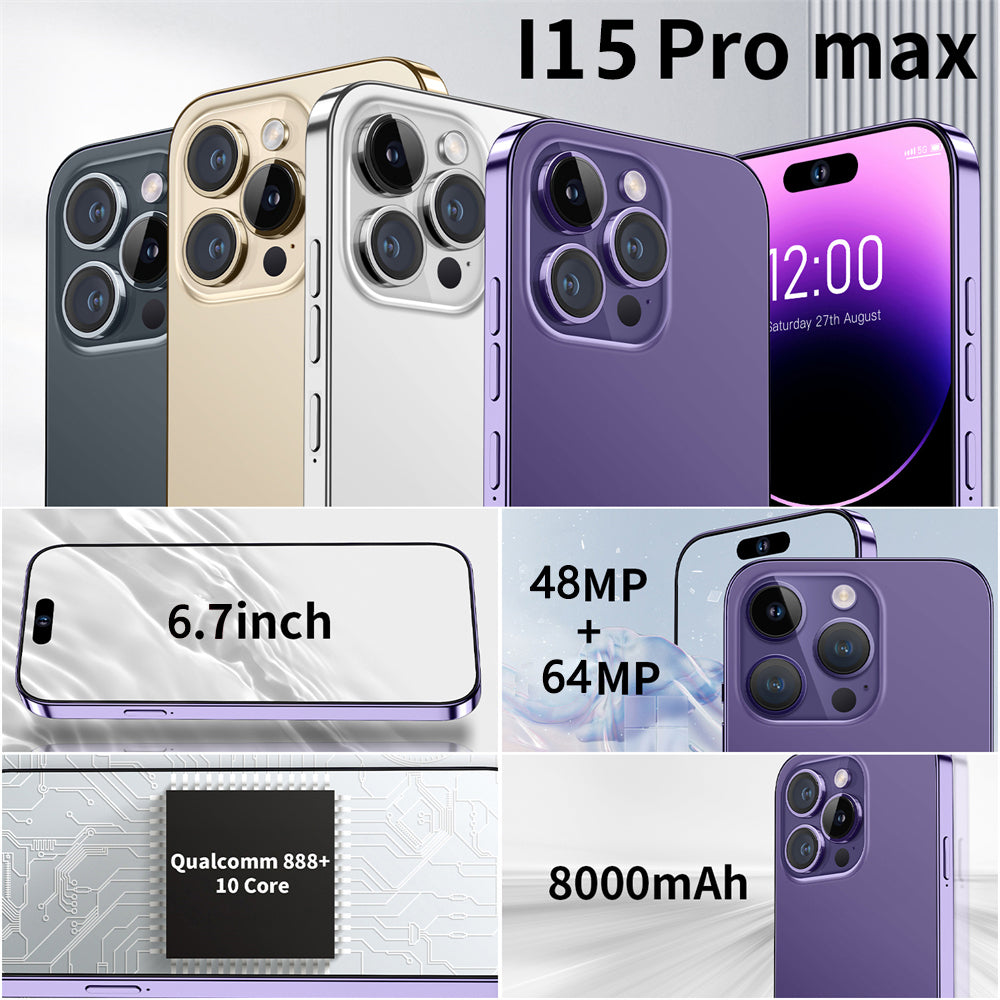 I15 Pro Max Smartphone Android 6.7 pouces téléphones portables reconnaissance faciale 16GB + 1TB téléphones mobiles intelligents Version mondiale 4G 5G téléphone portable 