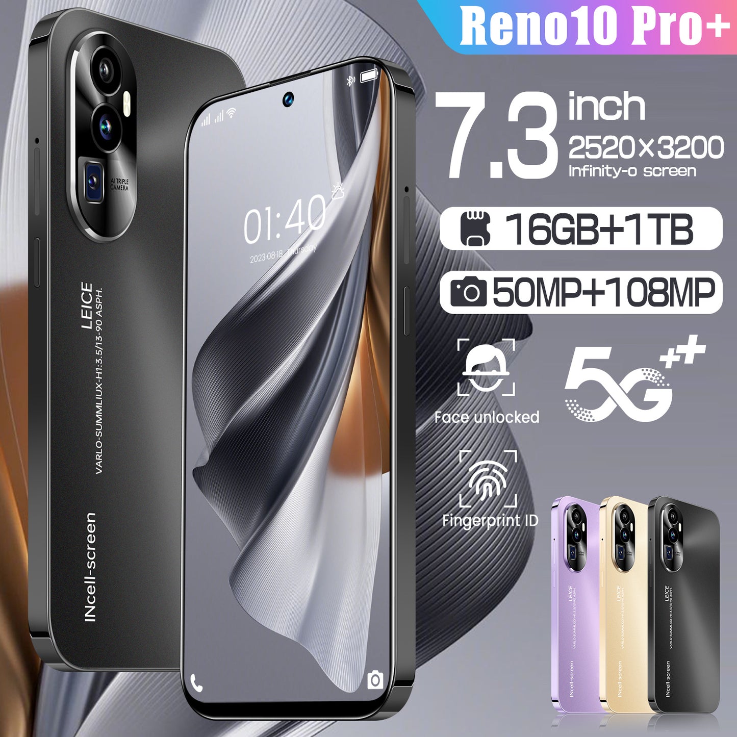 2024 New Reno10 Pro SmartPhone 7.3 Inch 16GB+1TB Cell Phone Unlocked 7800mAh 4G/5G 50+108MP Mobile Phones Android 13 Cellphones