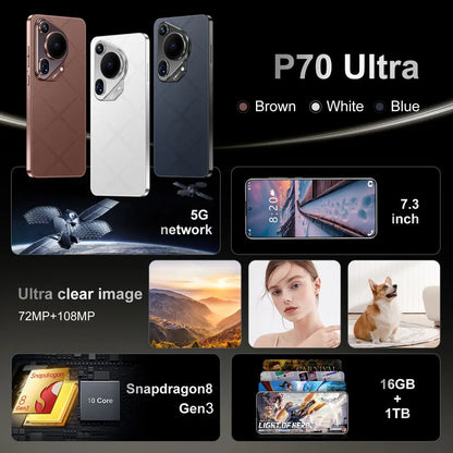 Original New P70 Ultra Smartphone 5G 7.3inch 16GB+1TB Cell Phone Dual Sim Android Mobile Phone 8000mAh Cellphones Global Version